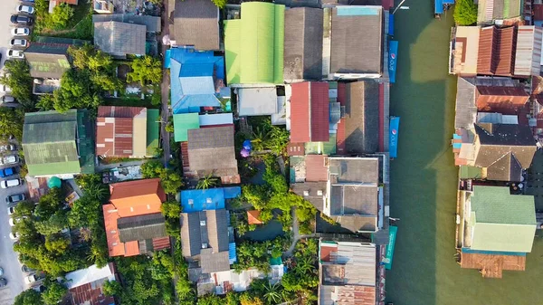 Amphawa floating market near Bangkok, aerial view on a sunny morning.