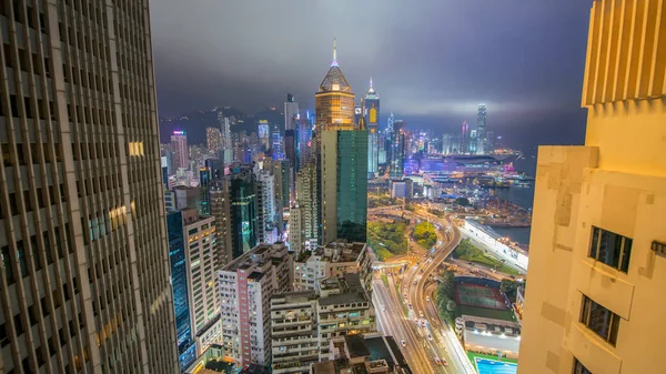 Hong Kong Impresionante Horizonte Nocturno Rascacielos Del Centro Crepúsculo —  Fotos de Stock