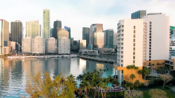 Menakjubkan pandangan udara dari Downtown Miami dan Brickell Key saat fajar, Florida — Stok Video