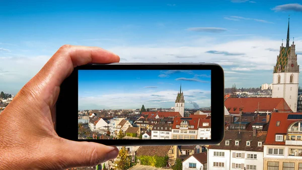 Male Hand Smartphone Taking Picture Friedrichshafen Tourism Concept — Stock Photo, Image