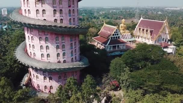 Нахон Патхом, Таиланд - 15 ДЕКАБРЯ 2019 года: Удивительный вид с воздуха на храм дракона Вата Самфрана, буддийский храм в Амфо Сэм Фран — стоковое видео