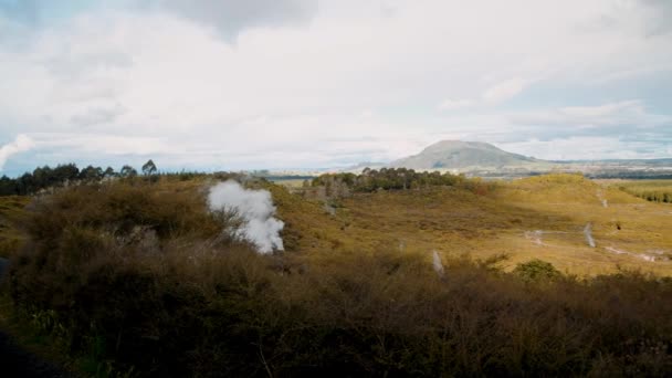 Kraters van The Moon Geysers Park, Nieuw-Zeeland. Stoom uit de geothermische vallei. Langzame beweging — Stockvideo