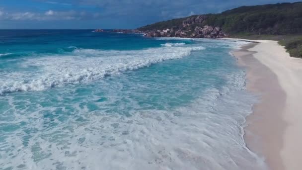 Pantai tropis dengan laut dan palem diambil dari drone. Pantai Seychelles terkenal - foto udara La Digue Grand Anse — Stok Video