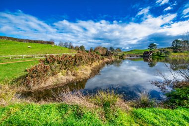 Hobbiton film seti ve bahar sezonunda güzel bir park, Yeni Zelanda.