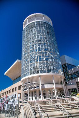SALT LAKE CITY, UT - JULY 14, 2019: Salt Palace Convention Center entrance, exterior view with street signs