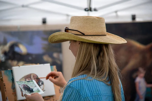 Jackson Hole Juli 2019 Rückansicht Der Weiblichen Künstlerin Beim Gestalten — Stockfoto