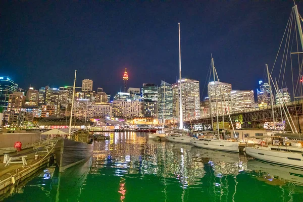 Sydney Sierpień 2018 Wieżowce Darling Harbour Nocy — Zdjęcie stockowe