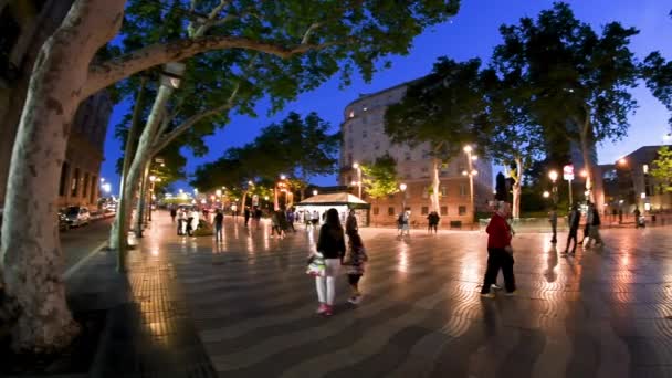巴塞罗那- 2018年5月11日：拉朗布拉大道（La Rambla Boulevard）与游客在夜间慢行 — 图库视频影像