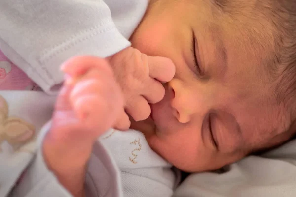 Bebê Recém Nascido Menina Relaxante Dentro Sua Cama — Fotografia de Stock