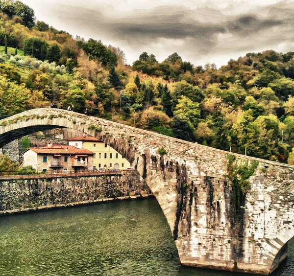 Flygfoto Över Devils Bridge Ponte Della Maddalena Bro Som Korsar — Stockfoto