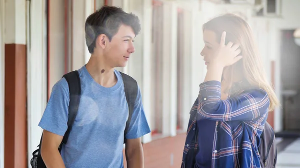 Caucasian Teenager Couple Happy School Talking Hallway — Stock Photo, Image