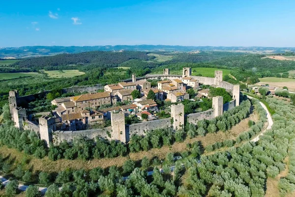 Vista Aérea Beautiul Monteriggioni Cidade Medieval Toscana Colina — Fotografia de Stock