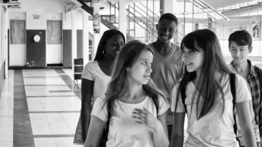 Okul koridorunda genç arkadaşlar konuşuyor. Çeşitlilik Öğrencileri Mutluluk Konsepti.