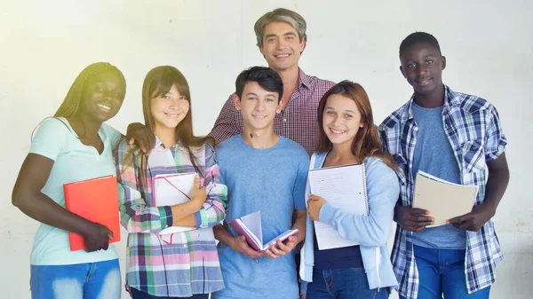 Happy Teacher His Multi Ethnic Teenager Classroom Isolated White — Stock Photo, Image