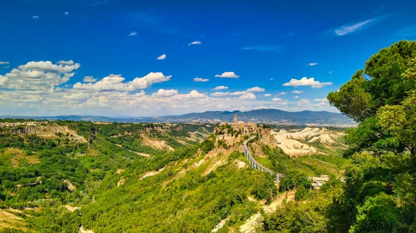 Approaching Medieval Town Civita Bagnoregio Drone Italy — Stock Photo, Image