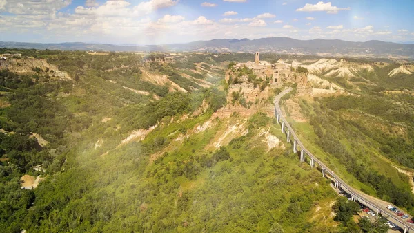 Approaching Medieval Town Civita Bagnoregio Drone Italy — Stock Photo, Image