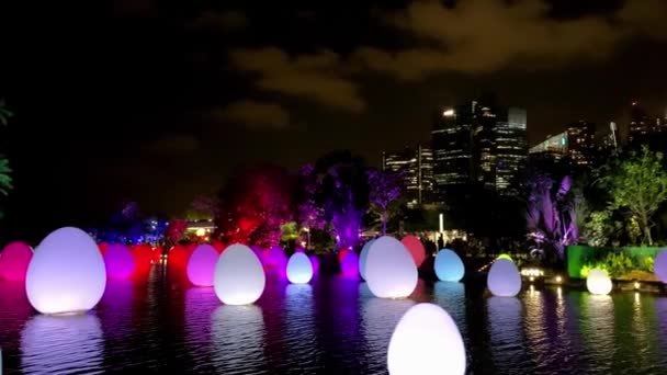 SINGAPUR - 1 DE ENERO DE 2020: Instalación de luces inmersivas en los jardines junto a la bahía de Singapur, Huevos iluminados en el lago — Vídeos de Stock