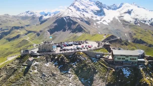 Grossglockner Mountains from drone in summer season. Aerial view of Edelweiss Spitze and surrounding peaks with fresh snow