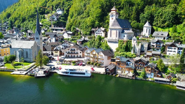 Hallstatt Áustria Vista Aérea Bela Cidade Drone Voador Sobre Lago — Fotografia de Stock