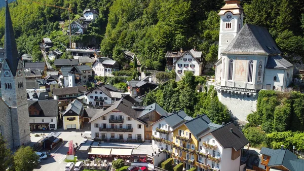 Hallstatt Austria September 2021 Aerial View Beautiful Town Flying Drone — Stock Photo, Image