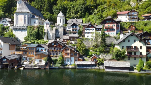 Hallstatt Rakousko Letecký Pohled Krásné Město Létající Dron Nad Jezerem — Stock fotografie