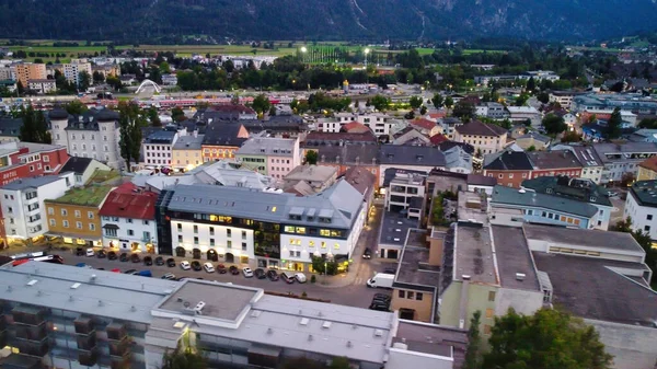 Lienz Austria September 2021 Aerial View City Skyline Night Drone — Stock Photo, Image