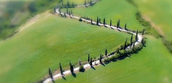 Tuscany Kırsal Dolambaçlı Yol Bahar Sezonu Talya Şaşırtıcı Havadan Görünümü — Stok fotoğraf