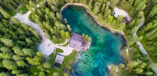 Beautiful Chalet Ghedina Lake Cortina Dolomite Mountains Aerial View — Stock Photo, Image