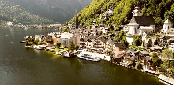 Hallstatt Österrike Flygfoto Över Den Vackra Staden Från Flygande Drönare — Stockfoto