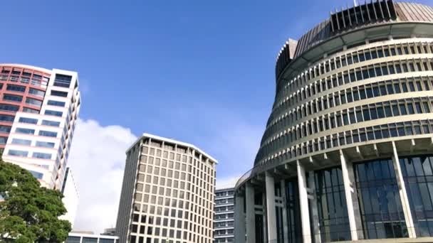 WELLINGTON, NOWA ZEALANDIA - WRZESIEŃ 6, 2018: Budynki miejskie w centrum miasta w słoneczny dzień — Wideo stockowe