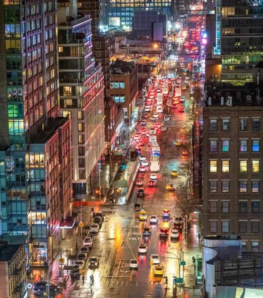 Flygfoto Över Gator Och Skyskrapor Midtown Natten New York City — Stockfoto