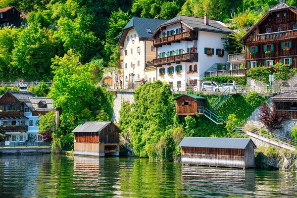 Amazing Beautiful Town Hallstatt Sumemr Season Austria Homes Lake — Stock Photo, Image