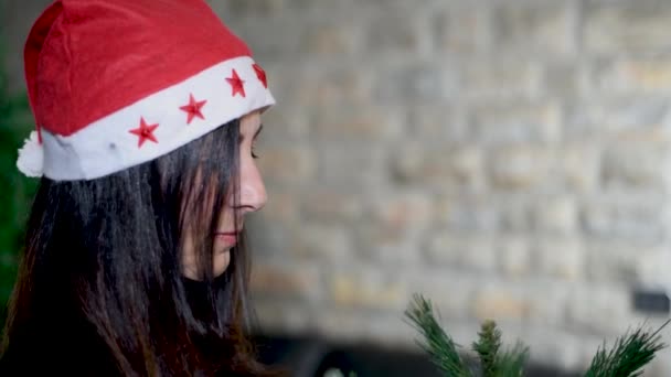 Γυναίκα διακόσμηση χριστουγεννιάτικο δέντρο στο σπίτι, έννοια των διακοπών — Αρχείο Βίντεο