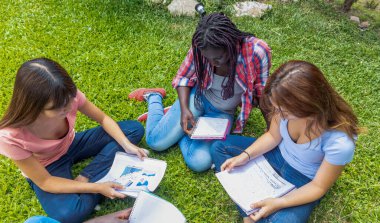 Çimenlerin üzerinde oturan gençler açık yapma okul ders.