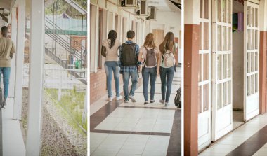 Arkadan karışık yarış gençler sınıf okul bahçesinde yürüyüş görünüşü.