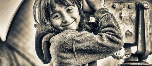 Happy Smiling Young Girl Visiting City Holding Telescope — Stock Photo, Image