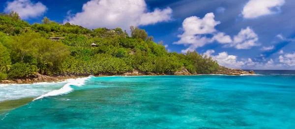 Вид Беспилотника Красивое Побережье Сейшельских Островов Солнечный День — стоковое фото