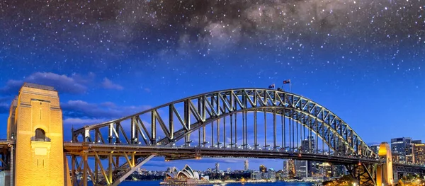 Wgląd Nocy Gwiazdy Sydney Harbour Bridge Luna Park Ferris Wheel — Zdjęcie stockowe