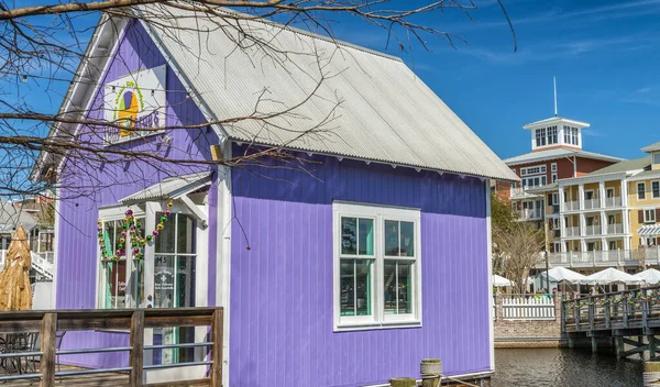 Destin February 2016 Harborwalk Village Colourful Homes Sunny Day Shopping — Stock Photo, Image