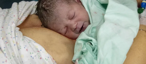 Zbliżenie Noworodka Śpiącego Piersi Matki Szpitalnym Pokoju Dostawczym Zaraz Urodzeniu — Zdjęcie stockowe