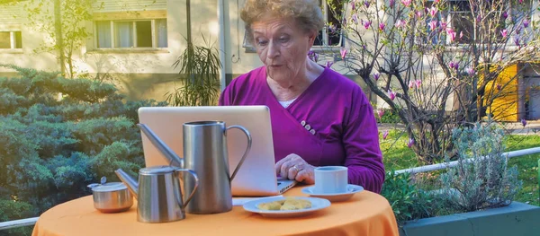 Elderly Ritered Happy Woman Talking Videocall Front Laptop Garden Retirement — Stock Photo, Image