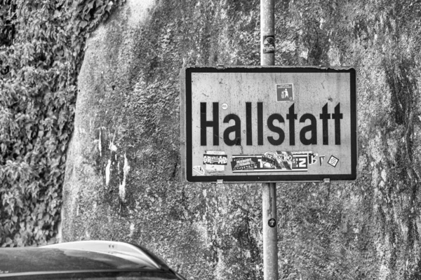 Hallstatt Austria Septiembre 2021 Señal Entrada Hallstatt Concepto Turístico —  Fotos de Stock