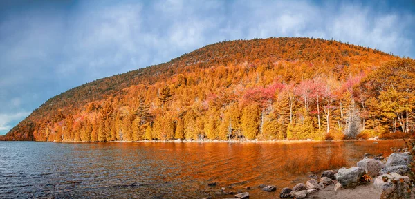Acadia Ulusal Parkı Maine Kartal Gölü Yaprak Ağacı Renkleri Panoramik — Stok fotoğraf
