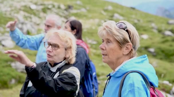 Familjeutflykt längs ett vackert fjällscenario under sommarsäsongen. Folk pratar om resan — Stockvideo