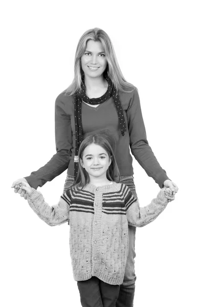 Portrait of happy smiling mother and daugher holding hands. Isol — Stock Photo, Image