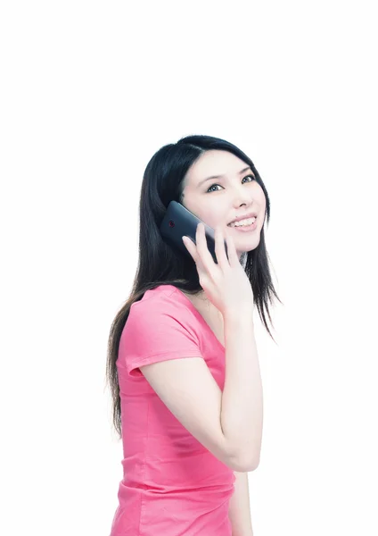Asian young girl happy amiling and speaking at mobile phone. Iso — Stock Photo, Image