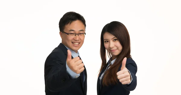 Hombre de negocios y mujer de negocios feliz después de la reunión. Aislado en — Foto de Stock