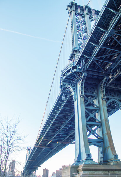 Metal structure of Manhattan Bridge. Low angle view.