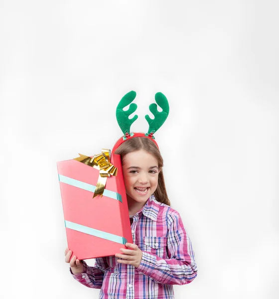 Happy  girl wearing reindeer horns — Stock Photo, Image