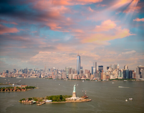 Manhattan skyline from high vantage point.